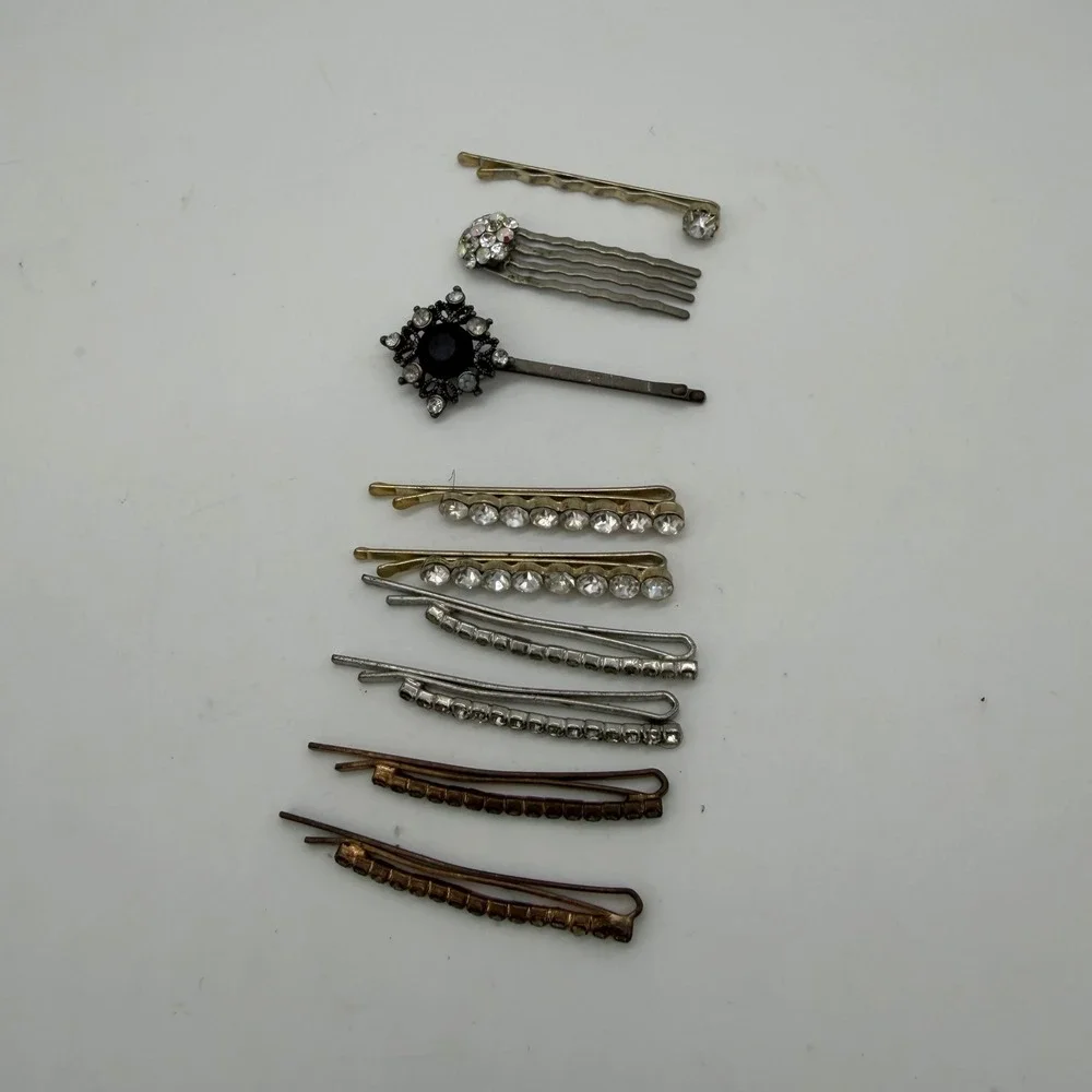 Vintage Rhinestone Hair Clip Lot Bobby Pins Comb Silver Gold Tone 9pc
